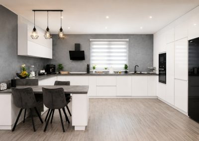 Bucătărie albă lucioasă în L, cu peninsulă și scaune gri, blat imitație beton și perete decorativ gri
