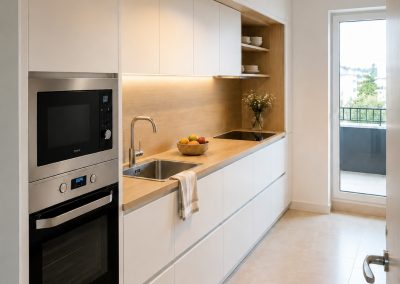 Bucatarie crem liniara lunga fara manere, cu nisa placata in lemn cu rafturi si coloana cu cuptor si microunde inox