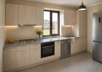 Bucatarie liniara cu fronturi imitatie stejar gri, blat gri, cuptor negru incorporat si masina de spalat vase inox
