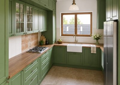 Bucătărie verde în stil clasic, cu vitrine, blat de lemn, chiuvetă farmhouse albă și baterie aurie