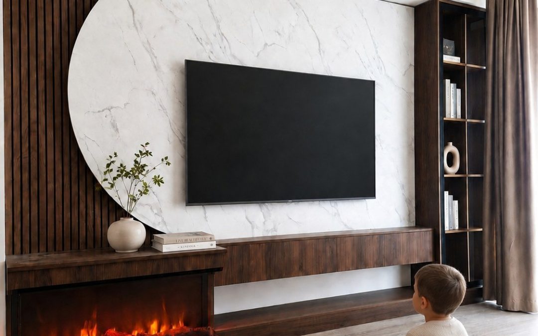 Perete TV cu șemineu electric integrat în mobilierul de living
